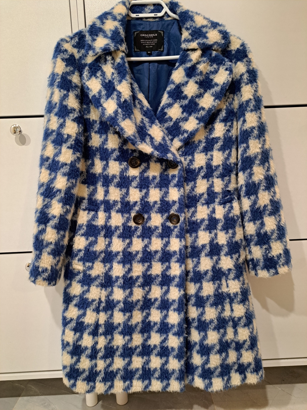 Blue & Cream Houndstooth Double-Breasted Pea Coat